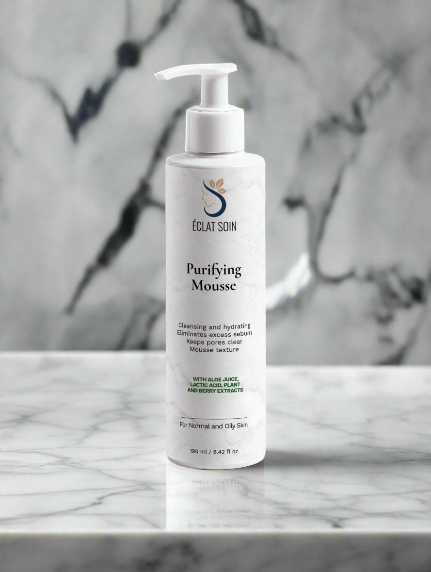 Eclat Soin Purifying Mousse in a pump bottle for cleansing and hydrating normal and oily skin